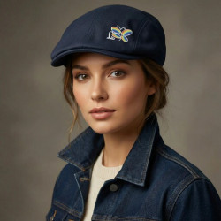 Chica luciendo boina azul marino, resaltando el vibrante logo de libélula multicolor.