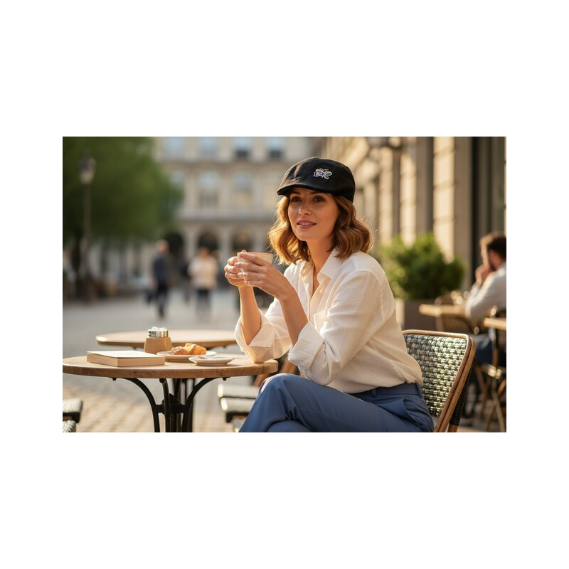 Modelo con boina negra puesta donde los colores del arcoíris de la libélula destacan.