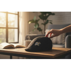 Primer plano de la boina negra, multicolor de libélula resaltando sobre el tejido negro de la boina