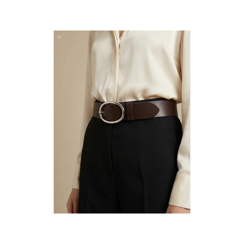 Cinturón artesanal de piel lisviv, color marrón café, con una hebilla muy moderna en color plata brillante.