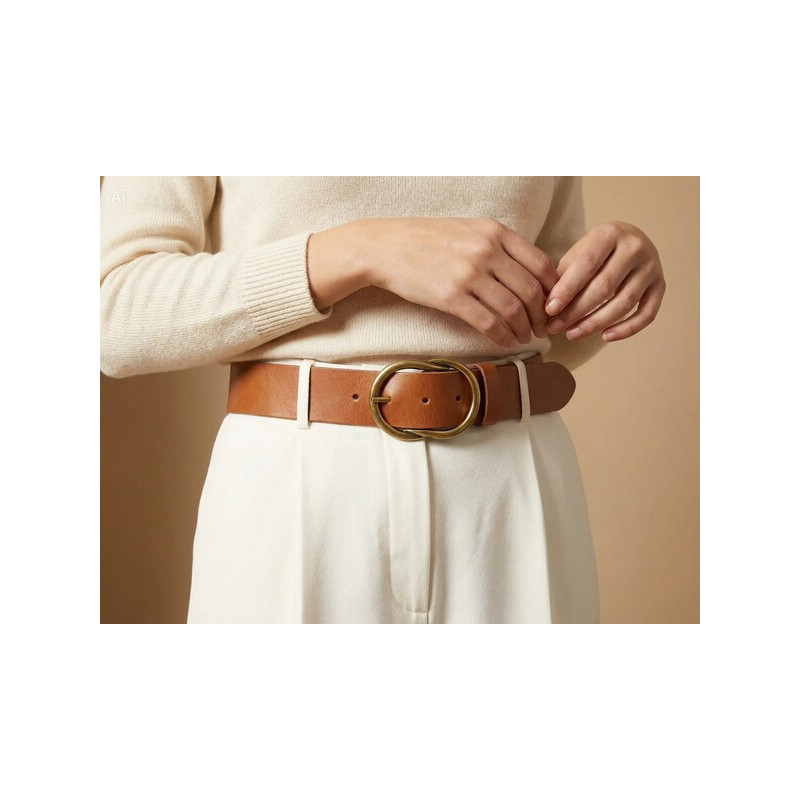 Cinturón artesanal de cuero marrón, con hebilla moderna en color oro envejecido, de la marca lisviv