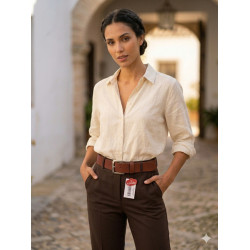 Cinturón de cuero marrón café, con hebilla clásica, en plata envejecida, con logo libélula de la marca lisviv