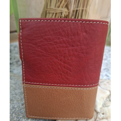 Parte trasera de cartera de piel color marrón y burdeos, tipo puzzle, accesorio de marroquinería premium lisviv