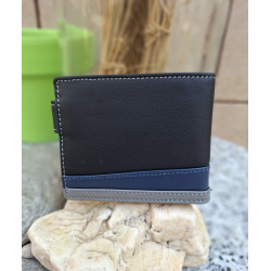 Reverso de cartera de piel autentica, negra con franjas azul y gris, hecha en Ubrique España, en lisviv