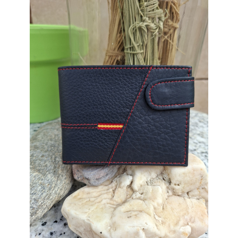 Cartera de piel legitima de ubrique, para hombre en color negro con detalle de la bandera de España y costuras rojas, lisviv