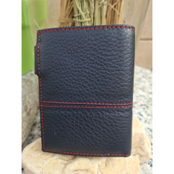 Cartera de piel auténtica negra fabricada en Ubrique, parte trasera, con costuras rojas, en lisviv.es