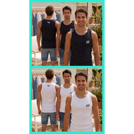 Diseño delantero y trasero de camisetas de tirantes de hombre blancas y negras modeladas en la misma imagen.