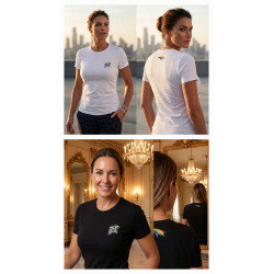 Modelos luciendo parte delantera y trasera de las camisetas de manga corta para mujer en colores blanco y negro de 170 gramos.