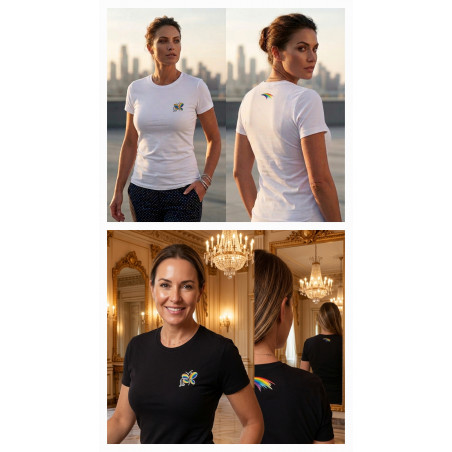Modelos luciendo parte delantera y trasera de las camisetas de manga corta para mujer en colores blanco y negro de 170 gramos.