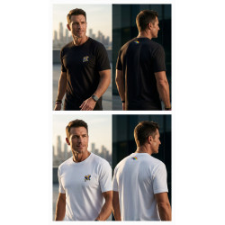 Modelos luciendo parte delantera y trasera de las camisetas de manga corta para hombre en colores blanco y negro de 190 gramos.