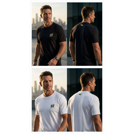 Modelos luciendo parte delantera y trasera de las camisetas de manga corta para hombre en colores blanco y negro de 190 gramos.