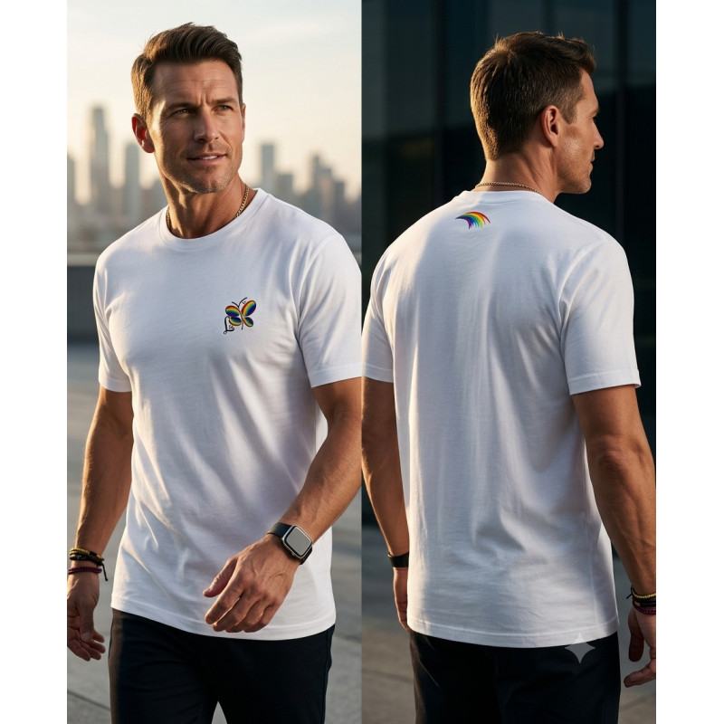 Vista delantera y trasera de una camiseta blanca de manga corta para hombre en algodón premium de 190g lucida por un modelo.