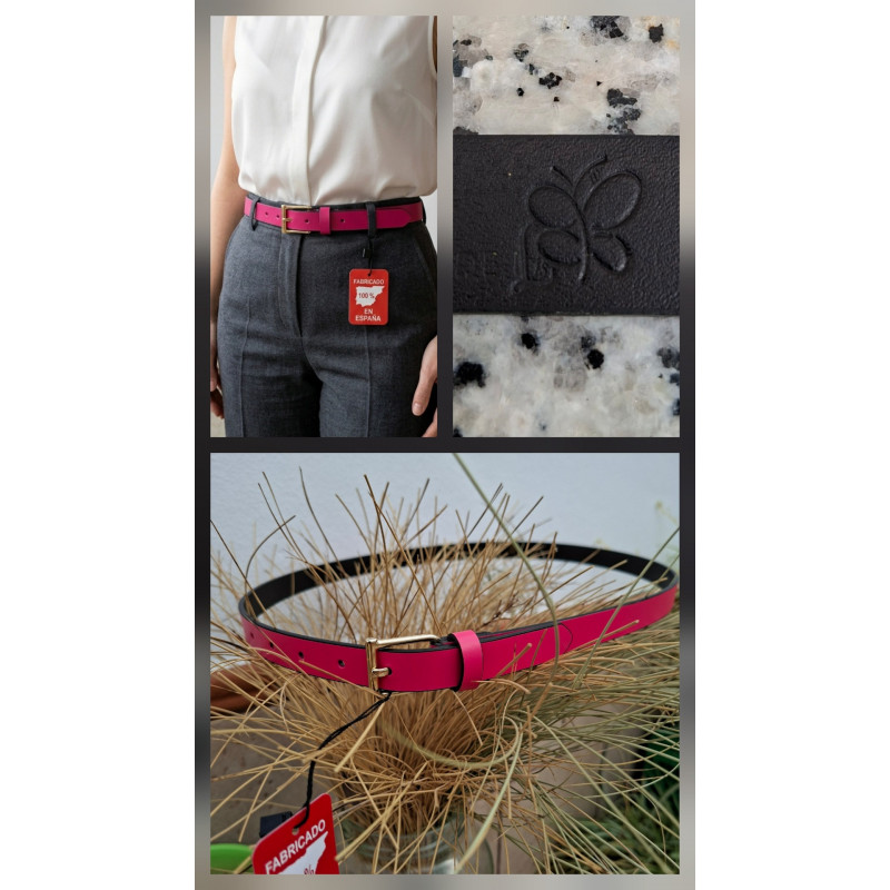 Cinturón fino de piel fucsia lisviv con hebilla cuadrada dorada, puesto en pantalón gris oscuro. Hecho en España.