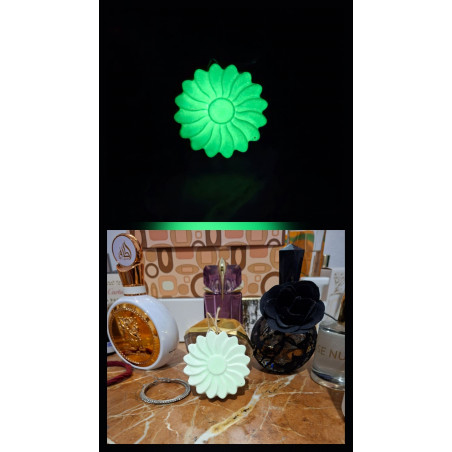 Montaje de día y de noche de la figura de margarita en cemento blanco con brillo verde fosforescente.