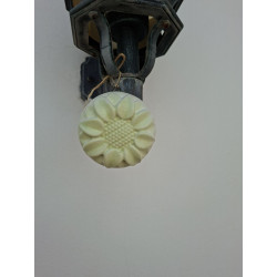 Adorno de flor de caléndula en cemento blanco colgado de un farol de pared de día.