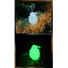 Adorno Papá Noel de cemento fosforescente de día colgado en el abeto navideño y mostrando su brillo verde en la oscuridad.