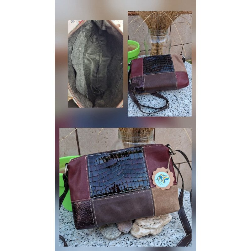 Bolso de hombro de piel legítima hecho a mano en España con diseño de mosaico en tonos burdeos y marrón, cocodrilo y serraje.