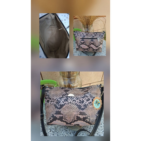 Bolso de piel auténtica artesanal Lisviv con estampado exótico de serpiente en tonos beige y negro, hecho a mano en España.