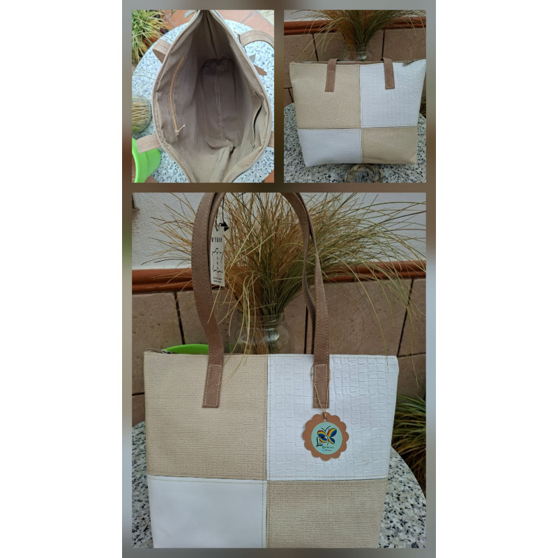 Bolso de hombro tipo tote de piel de autor con diseño geométrico en bloques beige y blanco texturizados, hecho a mano en España.
