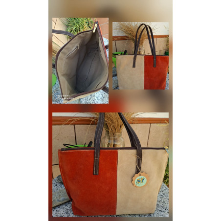 Composición del bolso tote de autor en piel de ante bicolor color teja y beige e interior forrado, hecho a mano en España.