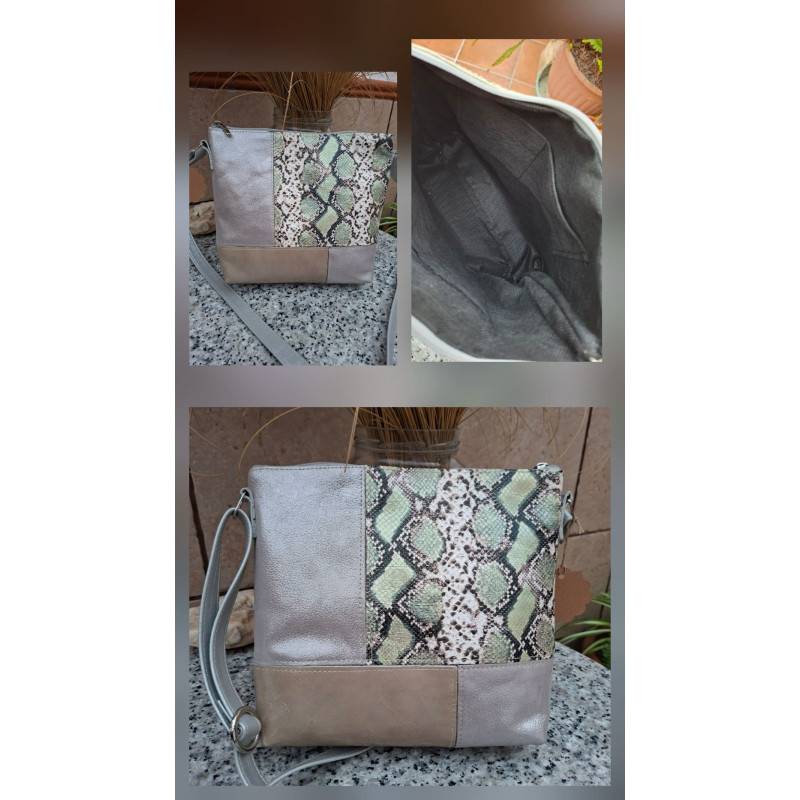 Composición bolso bandolera de autor diseño patchwork piel metalizada plateada, base taupe y panel grabado efecto pitón verde.