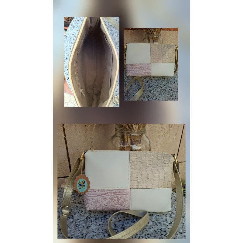 Bolso artesanal de piel Lisviv con diseño de bloques en color blanco, nude rosado y beige con grabado de cocodrilo.