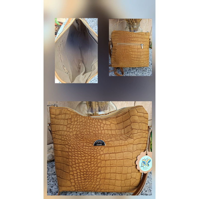 Bolso artesanal Lisviv de piel legítima color mostaza con grabado en relieve de cocodrilo y herrajes metálicos.