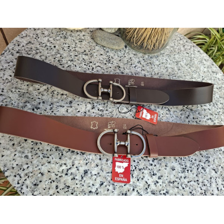 Cinturones casuales Lisviv de 4 cm en piel lisa marrón y chocolate con hebilla de doble herradura.