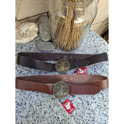 Cinturones casuales Lisviv de 4 cm en piel marrón y chocolate con hebilla circular del árbol de la vida.