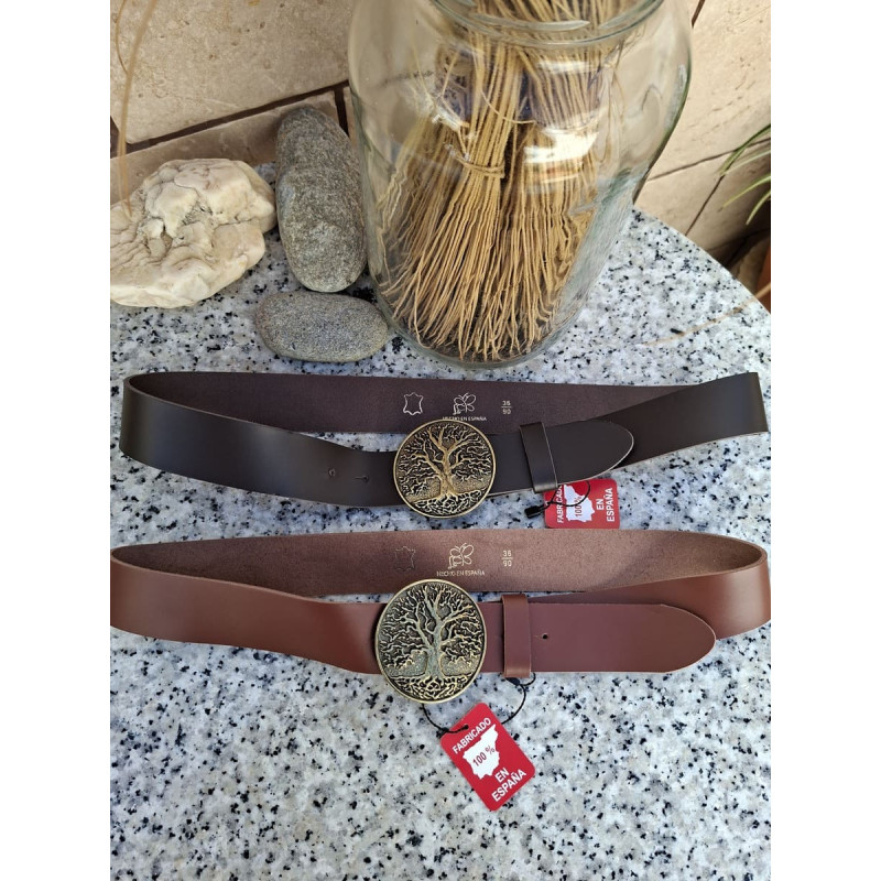 Cinturones casuales Lisviv de 4 cm en piel marrón y chocolate con hebilla circular del árbol de la vida.
